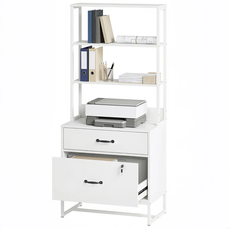 HOMCOM Mueble Archivador con Estantería 2 Cajones Encimera para Impresora Cerradura para A4 Letter Legal Blanco