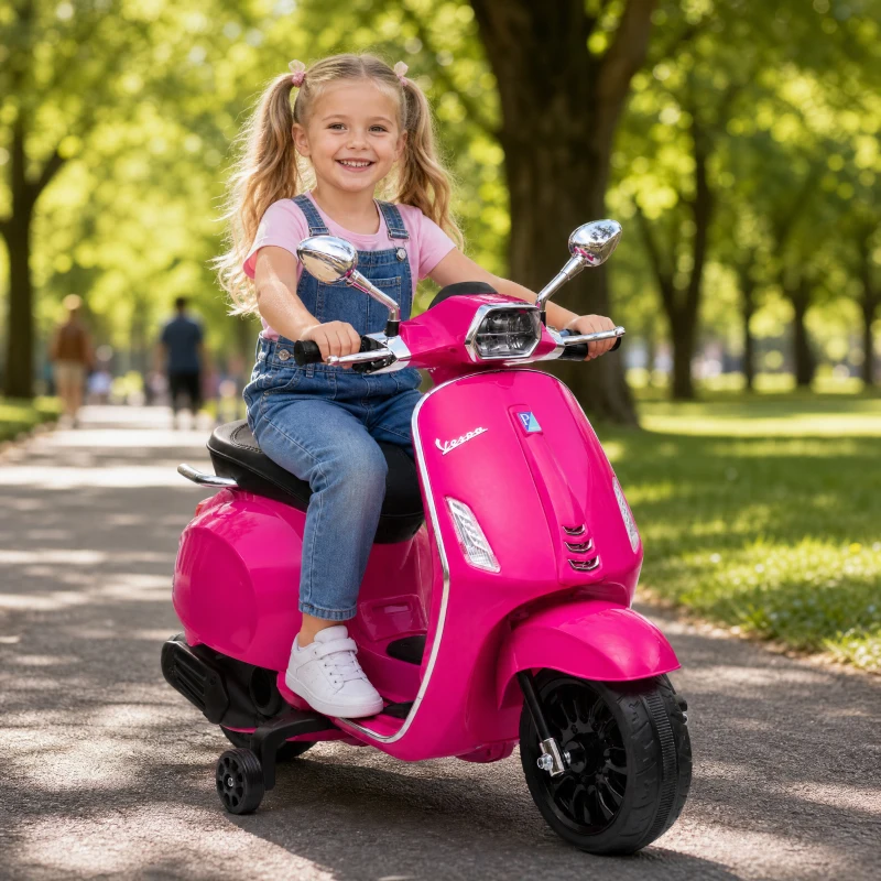 AIYAPLAY Scooter électrique enfant Vespa 6 V dim. 107L x 47l x 73H cm Musique MP3 Port USB Phare 2 roues d'entraînement - Rose