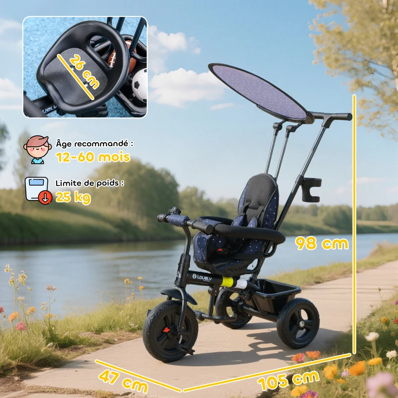 HOMCOM Tricycle Enfants Pare-Soleil Pliable Canne Amovible Benne Rangement 105 x 47 x 98 cm Acier Bleu et Noir