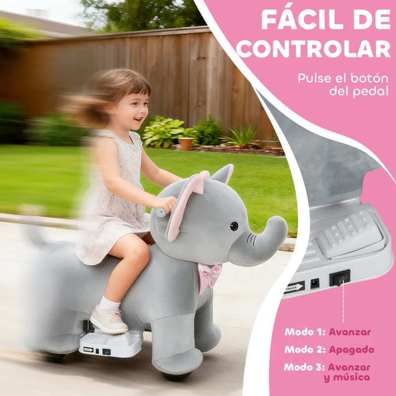 AIYAPLAY Elefante Eléctrico con Música Batería 6V Tacto Suave Ruedas Silenciosas de PU Marcha Adelante Gris