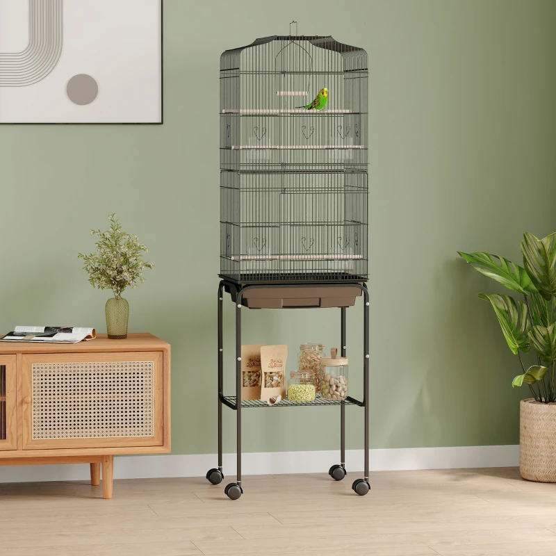 PawHut Cage à oiseaux sur pied volière oiseaux sur roulettes toit ouvrant 3 perchoirs étagère inférieure 46,5x36x157cm noir