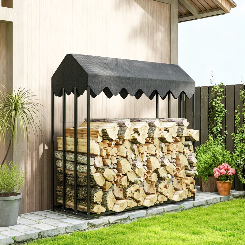 Outsunny Leñero Exterior Metálico de Chimenea Soporte para Leña con Cubierta Impermeable 186x70x185 cm Negro