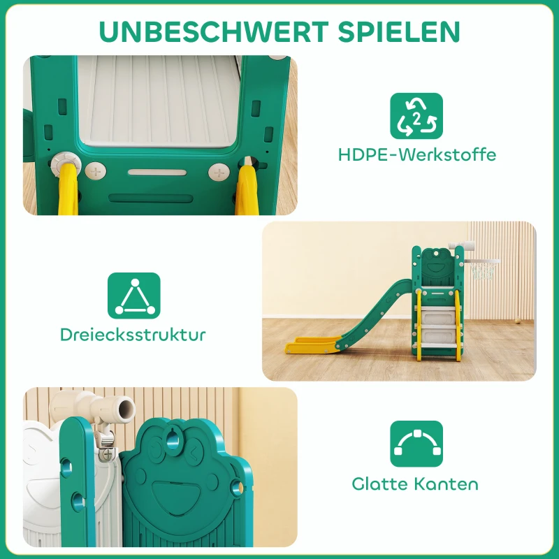 AIYAPLAY 5-in-1 kinderrutschenset, telescoop, basketbalnet, kunststof, Geel+Groen