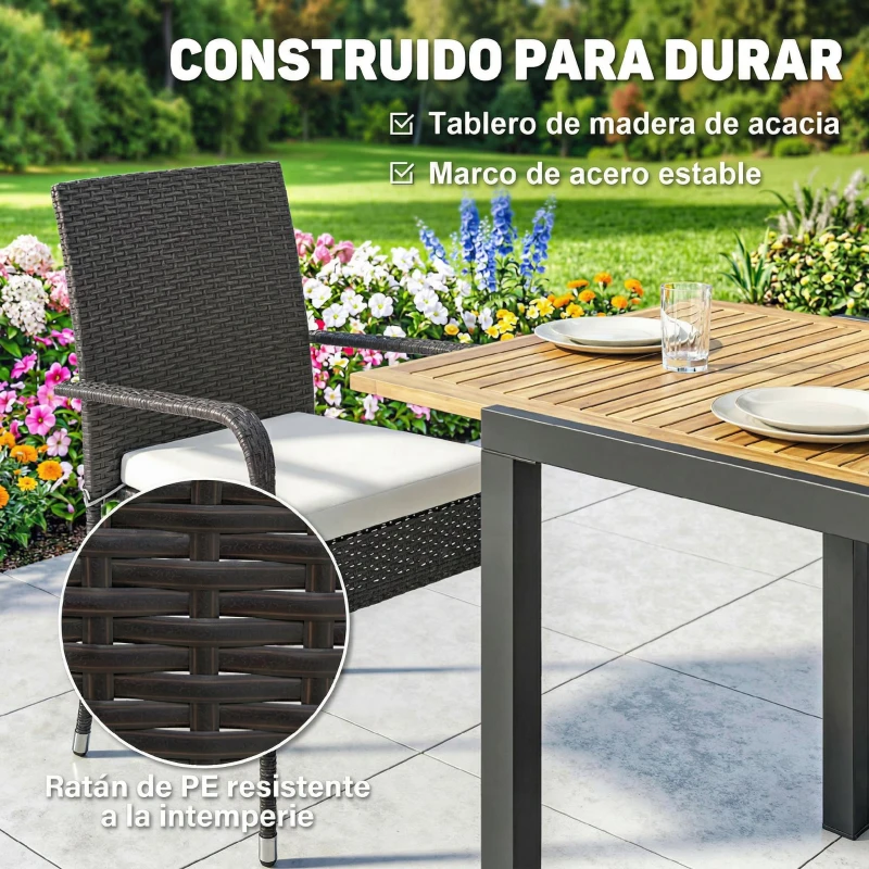 Outsunny Conjunto de Mesa y Sillas Jardín de Ratán 7 Piezas con Mesa Extensible con Tablero Madera y 6 Sillas Apilables Cojines