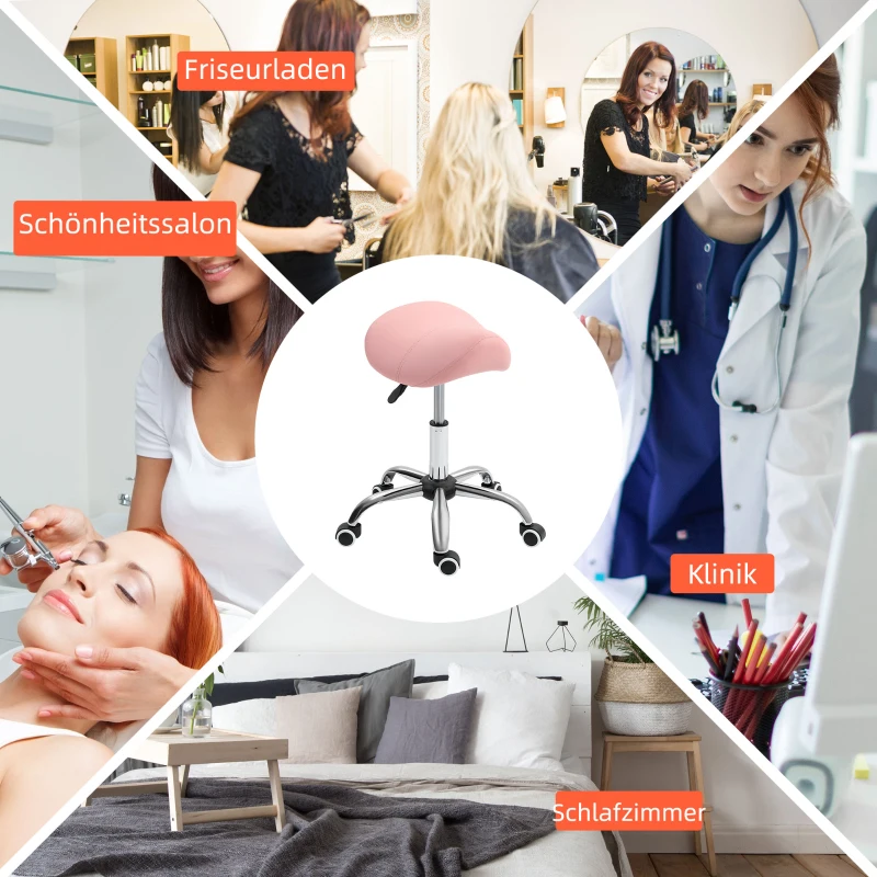 HOMCOM Rolkruk In Hoogte Verstelbaar 49-61 cm Praktijkkruk 360° Draaibaar Kruk Bureaukruk Voor Kantoor Salon Massage Spa Roze