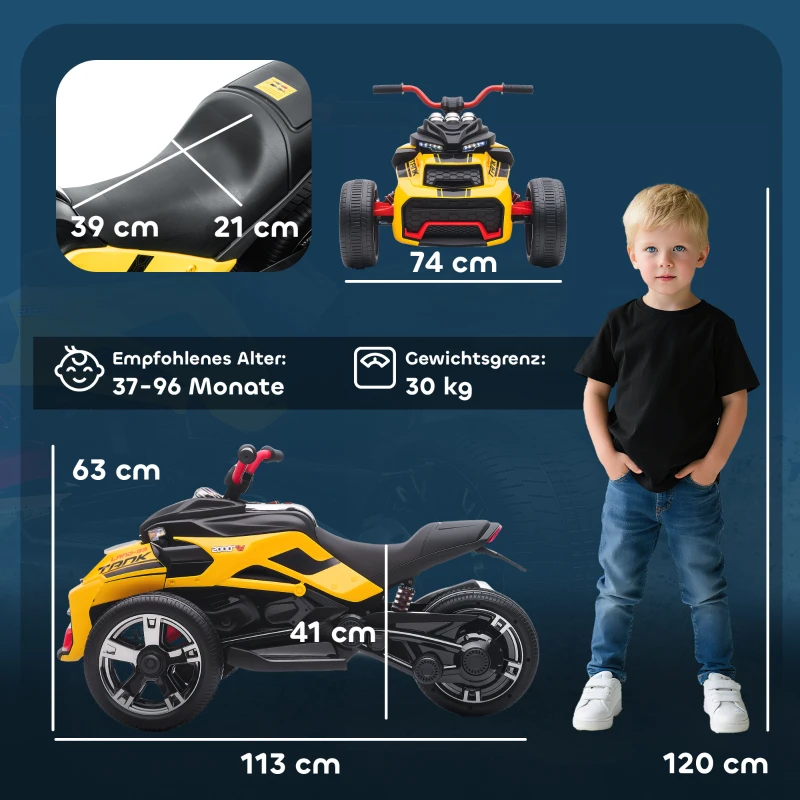 AIYAPLAY Elektrisch kinderquad, omgekeerd driewielontwerp, op batterij, MP3-speler, claxon, 2 snelheden, LED-lichten, 3-8 jaar, Geel(m-3)