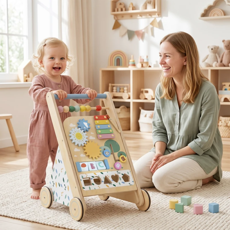 AIYAPLAY Trotteur Bebe en Bois, Chariot de Marche Bébé avec Centre d'Activités, Vitesse Réglable et 5 Blocs, dès 18 Mois, Naturel