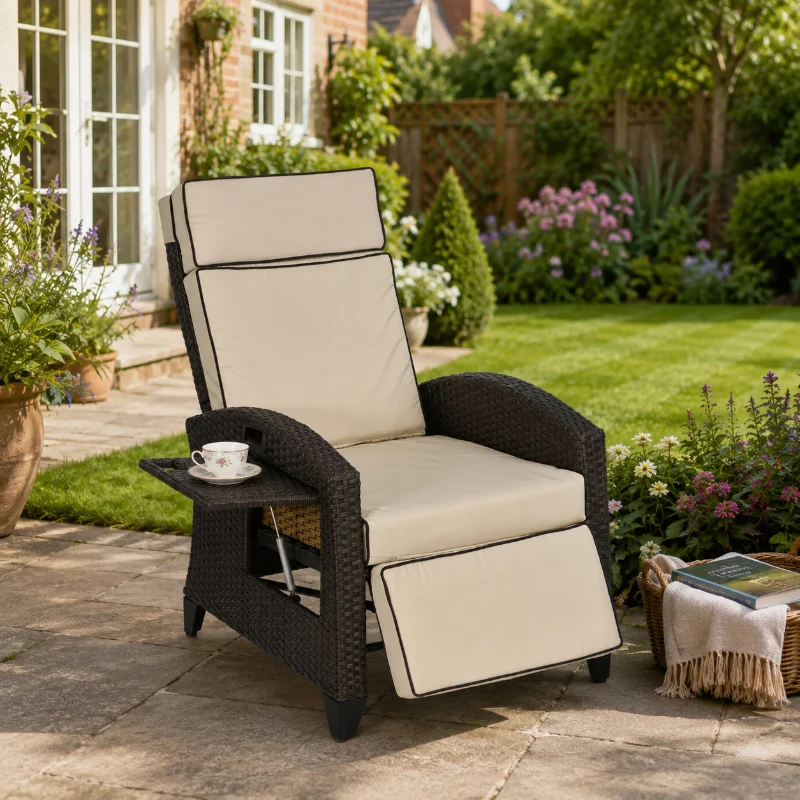 Outsunny Outdoor Recliner Chair with Adjustable Backrest and Footrest, Cushion, Side Tray, Khaki/Brown