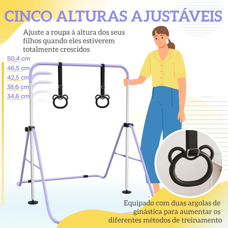 HOMCOM Barra de Ginástica Infantil Altura Ajustável em 5 Níveis e Anéis Dobrável para Casa Roxo