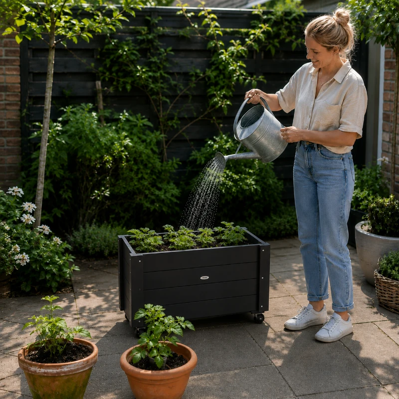 Outsunny verhoogd bed, bloembak met wielen, plantenbak voor tuin, massief hout
