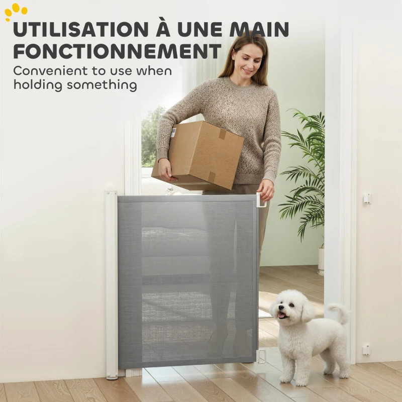 PawHut Barrière de sécurité barrière animaux rétractable automatique 1,15L x 0,83H m teslin métal gris