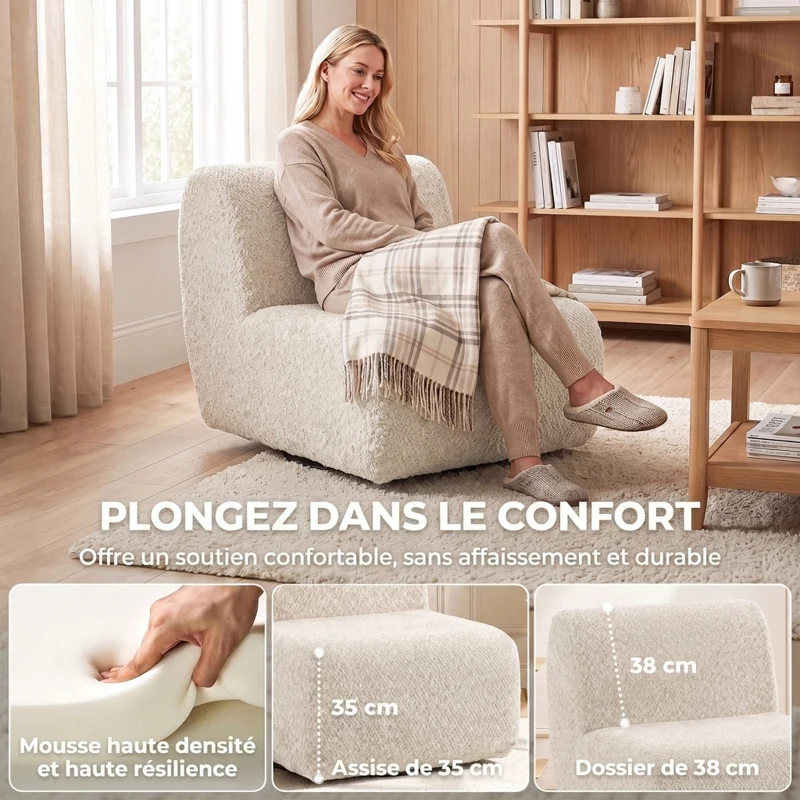 HOMCOM Fauteuil de salon pivotant 360°, canapé 1 place rembourré en chenille avec assise extra-large, rembourrage épais, beige