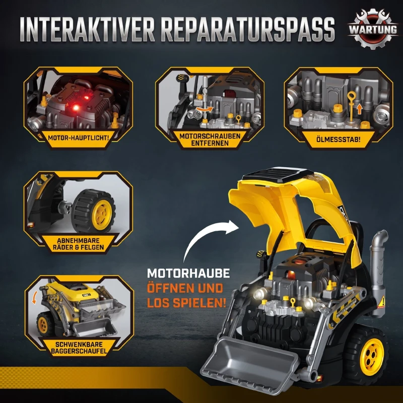 AIYAPLAY Motorspeelgoed voor kinderen, 68-delige graafmachine-autoreparatieset met licht, geluid, nevelfunctie, stuur en claxon, geel