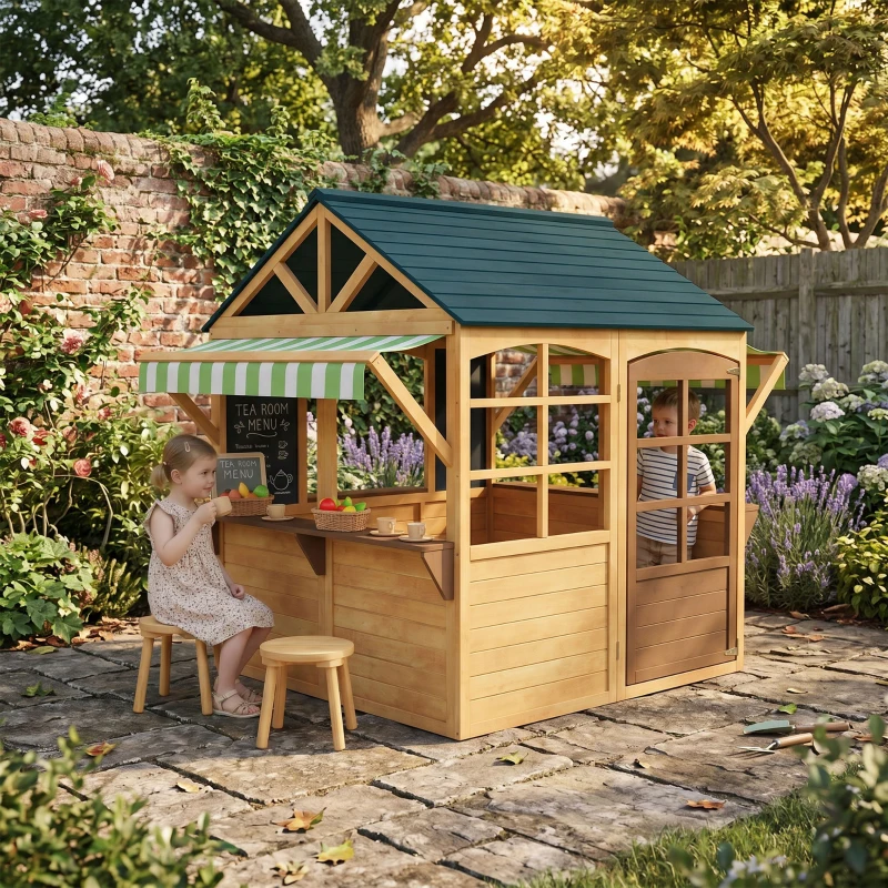 AIYAPLAY Cabane enfant extérieur pliable avec porte, fenêtres, stations de service, auvents de pluie, tableaux noirs, jaune