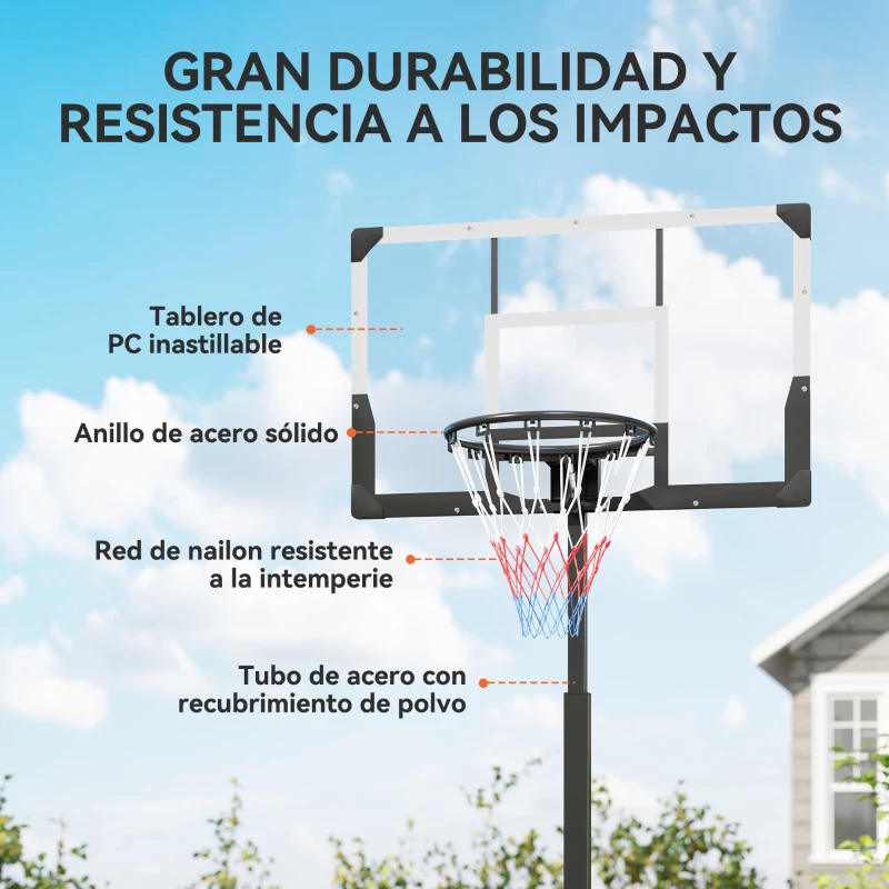 SPORTNOW Canasta de Baloncesto para Exterior Ajustable de 230-305 cm con Tablero Irrompible Base Rellenable y Ruedas Negro