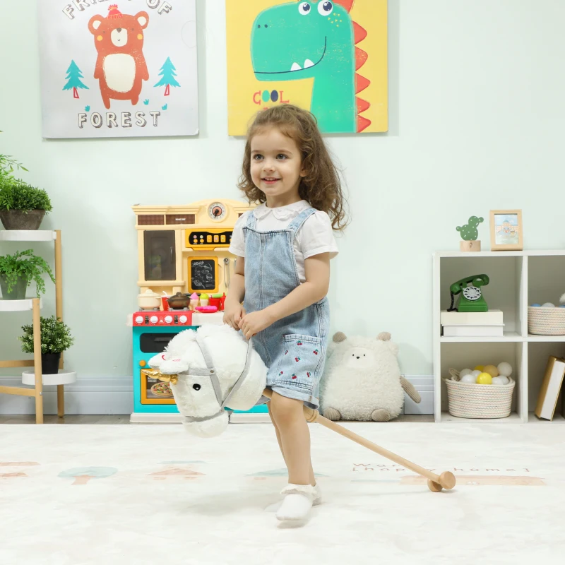 AIYAPLAY Cabeza de Caballo con Palo de Madera Diseño Unicornio Sonidos y Ruedas Caballo de Juguete 95 cm de Altura Blanco
