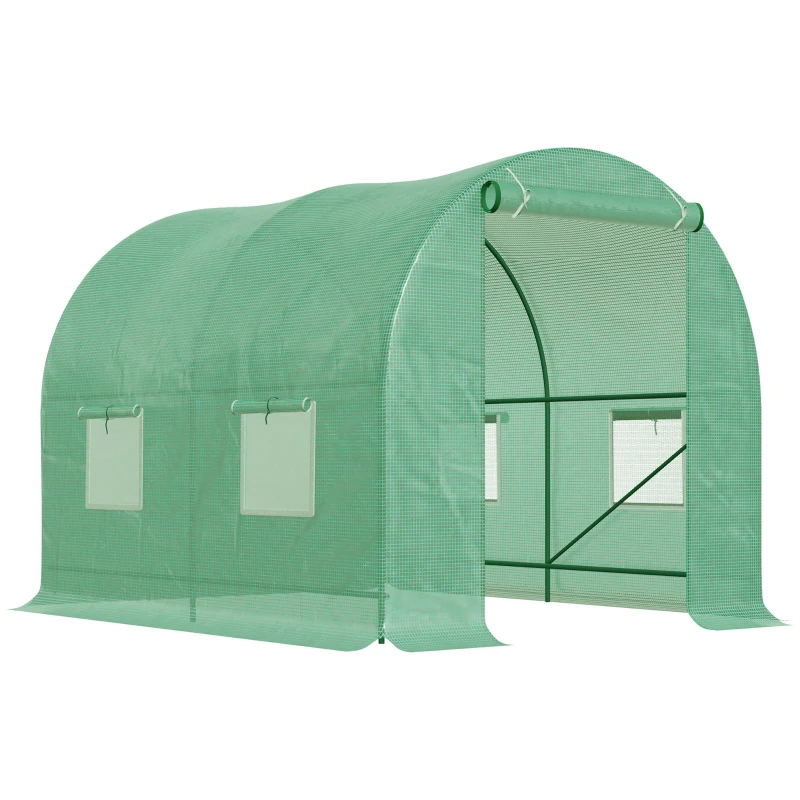 Outsunny Serre de Jardin Tunnel 5 m² 2,5L x 2l x 2H m Acier renforcé Ø 1,8 cm + PE Haute densité 140 g/m² fenêtres Vert