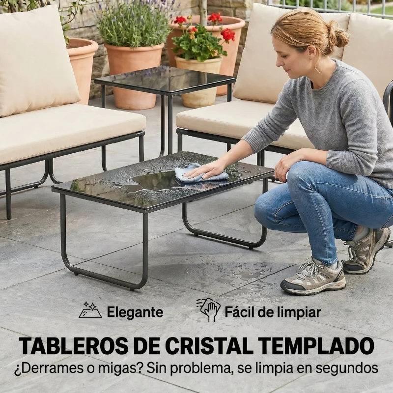 Outsunny Conjunto Jardín Exterior de 4 Piezas con 2 Sofás 2 Plazas 2 Mesas de Vidrio Cojines Fundas Extraíbles y Bolsillos Caqui