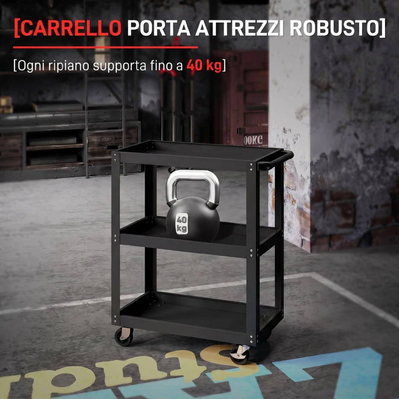HOMCOM Carrello Porta Attrezzi a 3 Ripiani con Bordi Rialzati, Ruote a Freno e Maniglia, in Metallo e PP, Nero