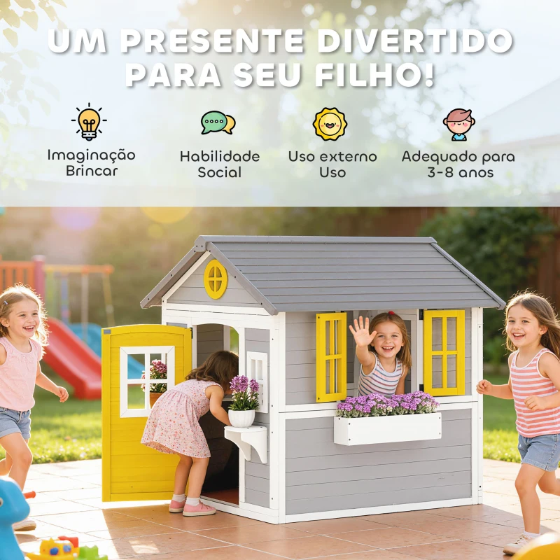 Outsunny Casa de Madeira Infantil com Porta Janelas Floreiras e Prateleiras Casa de Brincar de Madeira 112x126x135 cm Cinzento