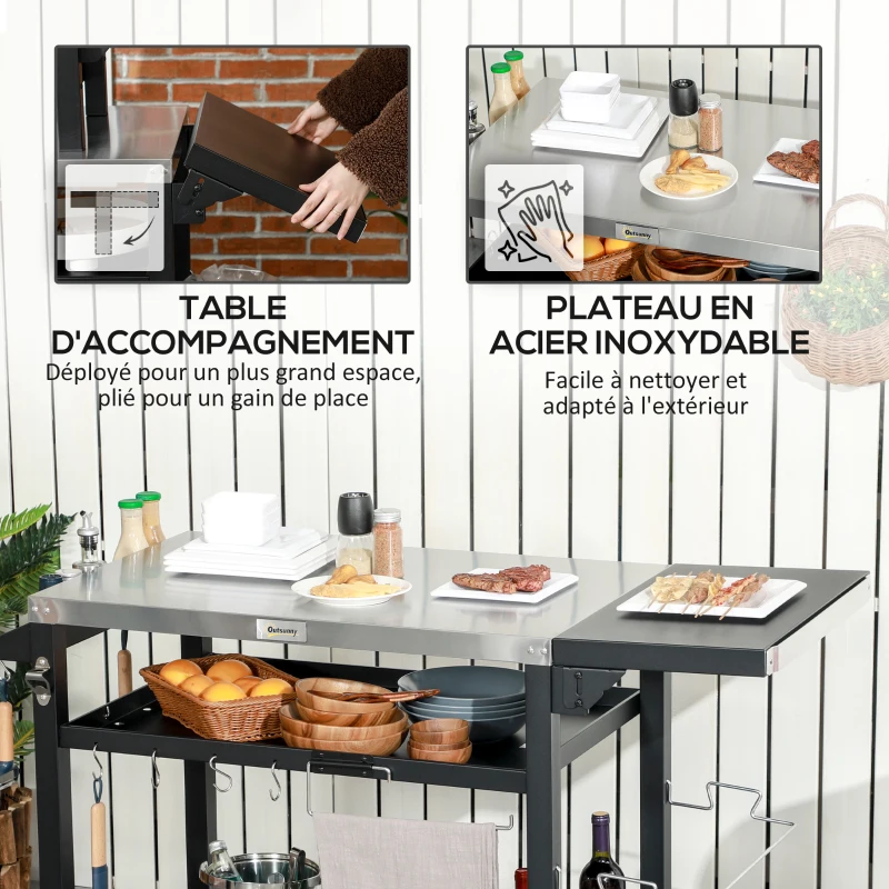 Outsunny Chariot pour barbecue plancha avec plateau en inox, multi-équipements, 6 crochets, tablette rabattable, 2 roulettes