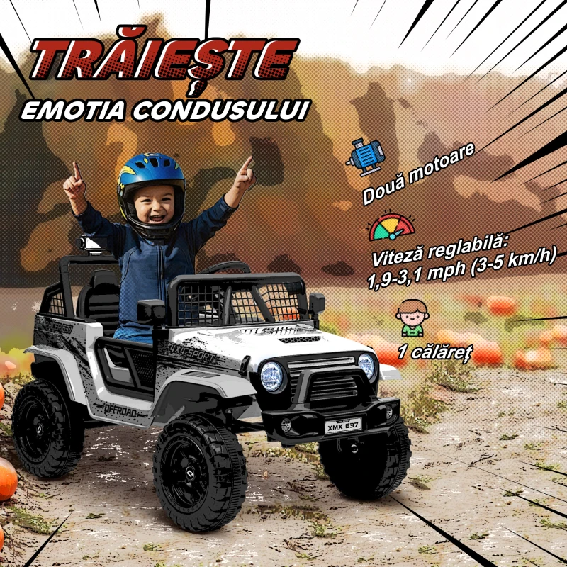 AIYAPLAY Mașină Electrică pentru Copii Off-Road 12V cu Dublu Motor, Vârsta 3-6 Ani, Telecomandă și Lumini, Albă