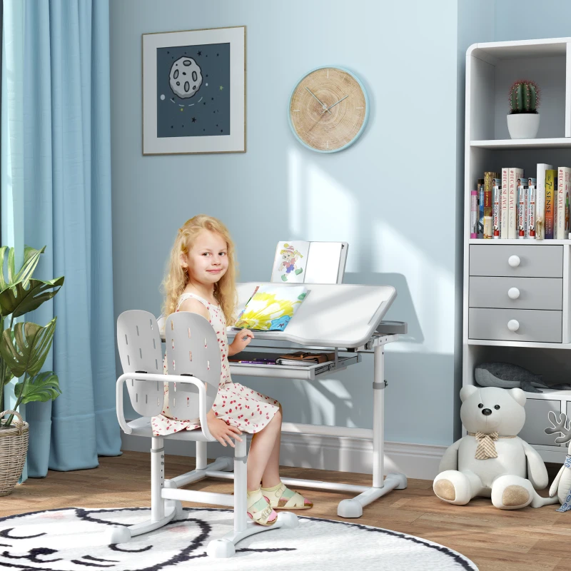 AIYAPLAY Bureau enfant avec chaise réglable en hauteur, plateau incliné 45°, tiroir et support de livre, gris