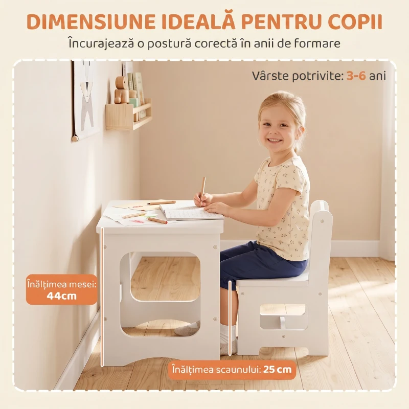 AIYAPLAY Set Masă și Scaun pentru Copii 3-6 Ani din Lemn cu Blat Reversibil, Colțuri Rotunjite, Alb
