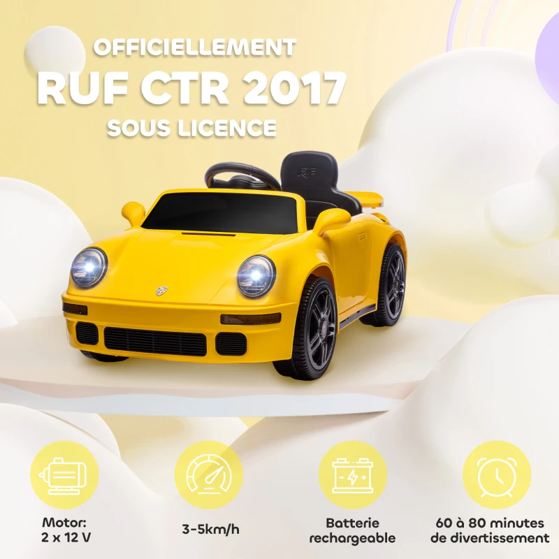 AIYAPLAY Voiture électrique enfants, véhicule électrique 12V, télécommande 2,4G, phares, musique, klaxon, 103 x 55 x 44 cm, jaune