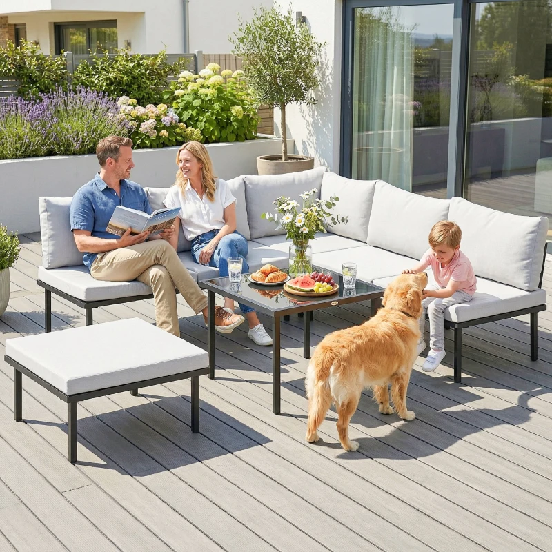 Outsunny Conjunto de Jardín Exterior de 6 Piezas con Sofá 2 Plazas Módulo de Esquina 2 Sillones Reposapiés Mesa de Vidrio Gris
