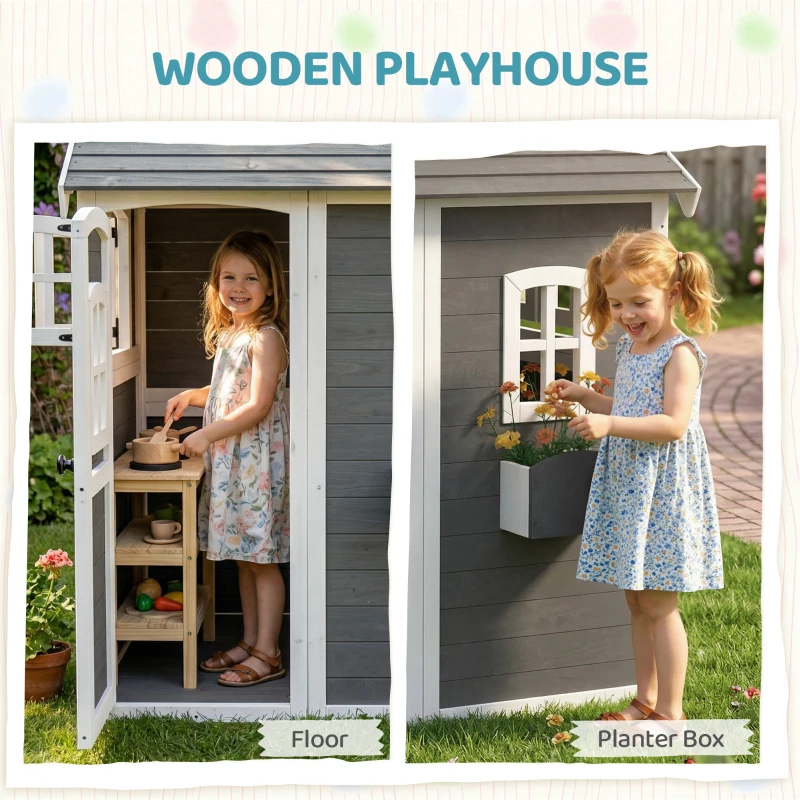 Outsunny Wooden Playhouse for Kids with Doors, Windows, Plant Box, Floors, for Ages 3-8 Years, for Gardens, Lawns, Patios - Grey