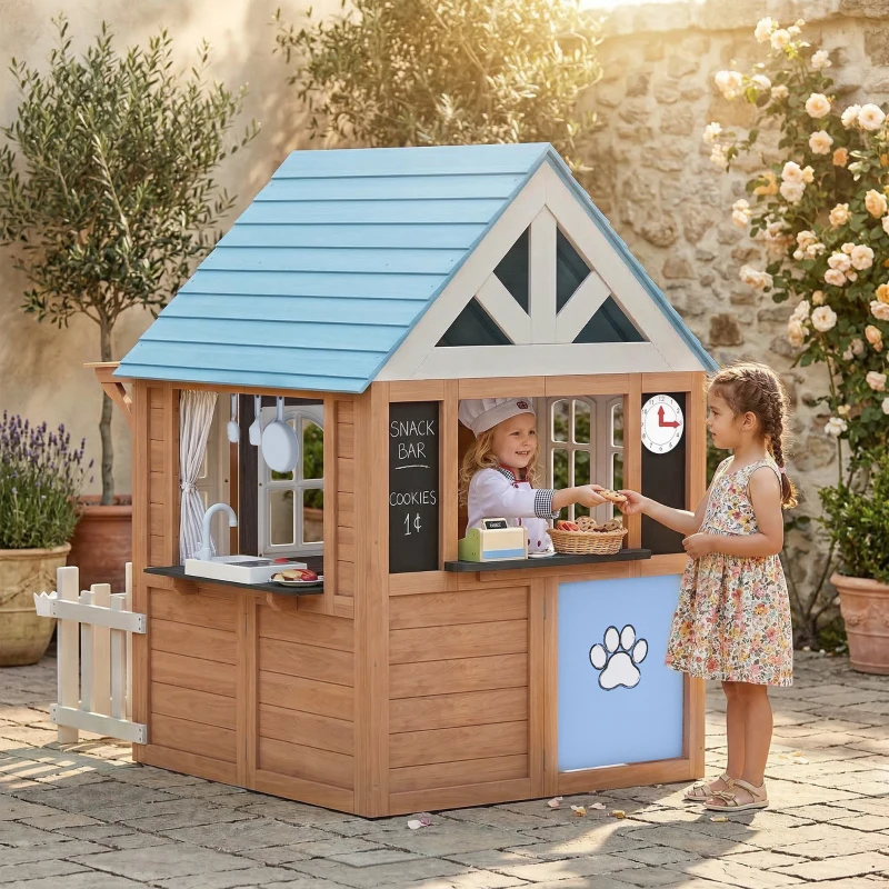AIYAPLAY Cabane enfant extérieur en bois, maison enfant extérieure/intérieure avec chatière, cuisine de jeu, marron