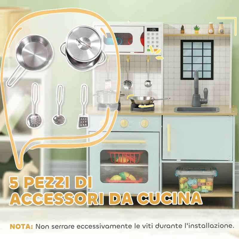 AIYAPLAY Cucina Giocattolo per Bambini con Fornelli e Armadietti, in Acciaio, Legno e PP, 72x33x85.2 cm, Blu e Bianco