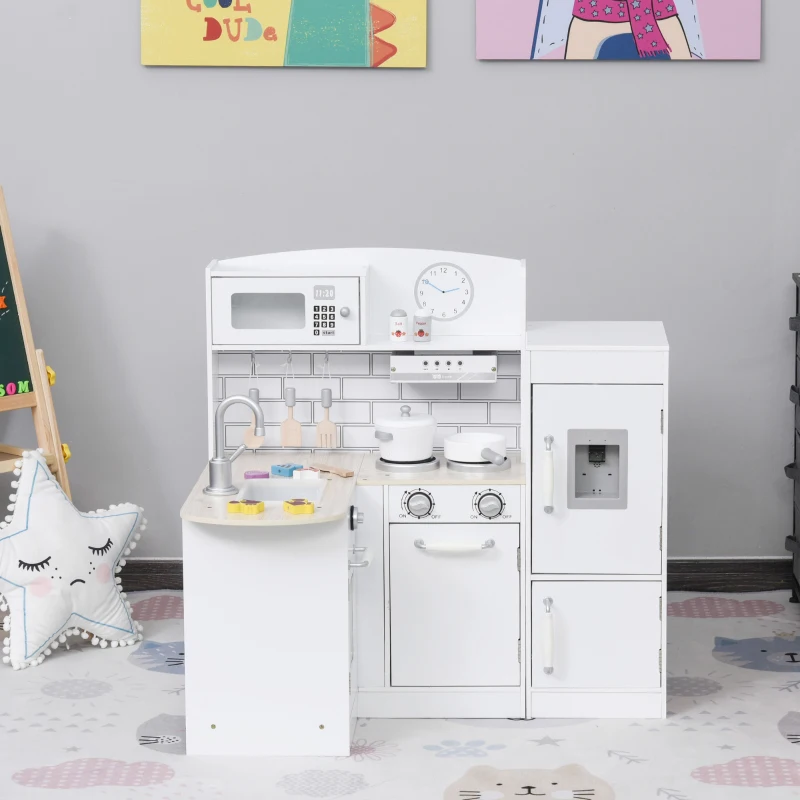 HOMCOM Cucina Giocattolo per Bambini in Legno con 14 Accessori, Forno, Lavandino, Frigo e Microonde, Età 3+ Anni, 86x64x84.5cm, Bianco e Argento