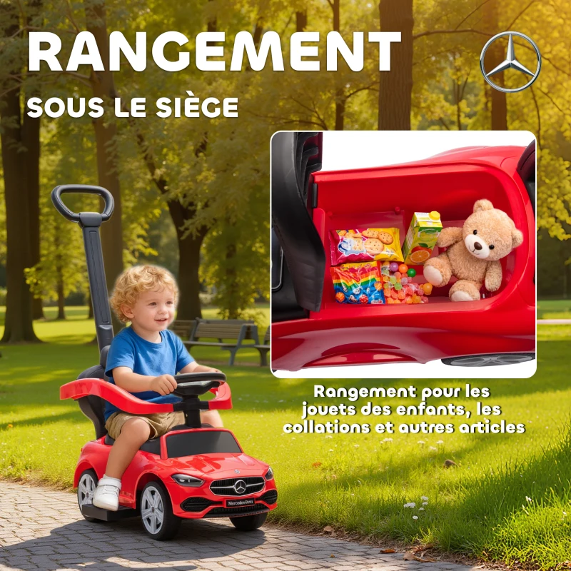 AIYAPLAY Porteur enfants Mercedes-Benz sous licence, porteur voiture à pousser avec poignée amovible, 91 x 40 x 83 cm, rouge