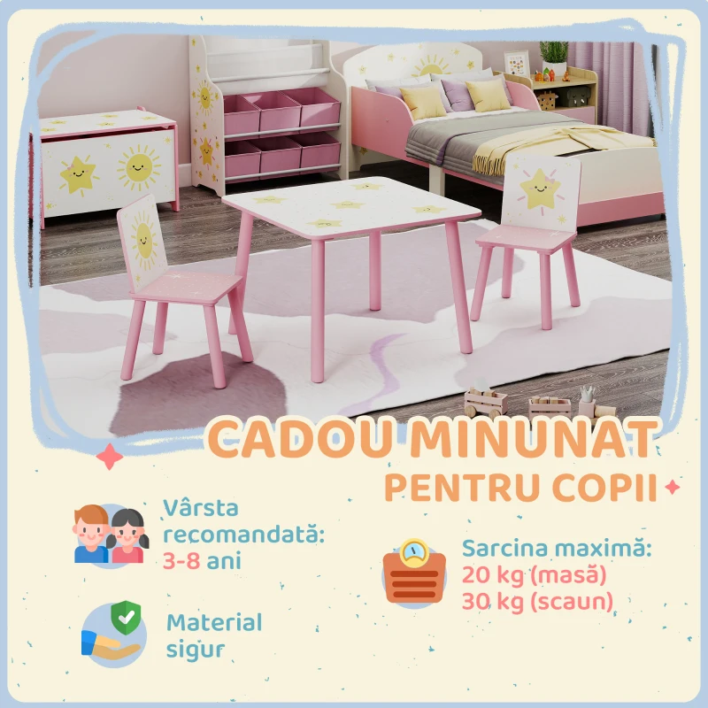 AIYAPLAY Set Mobilier Cameră Copii cu Masă și 2 Scaune pentru Copii de 3-8 Ani cu Model cu Stele, Roz