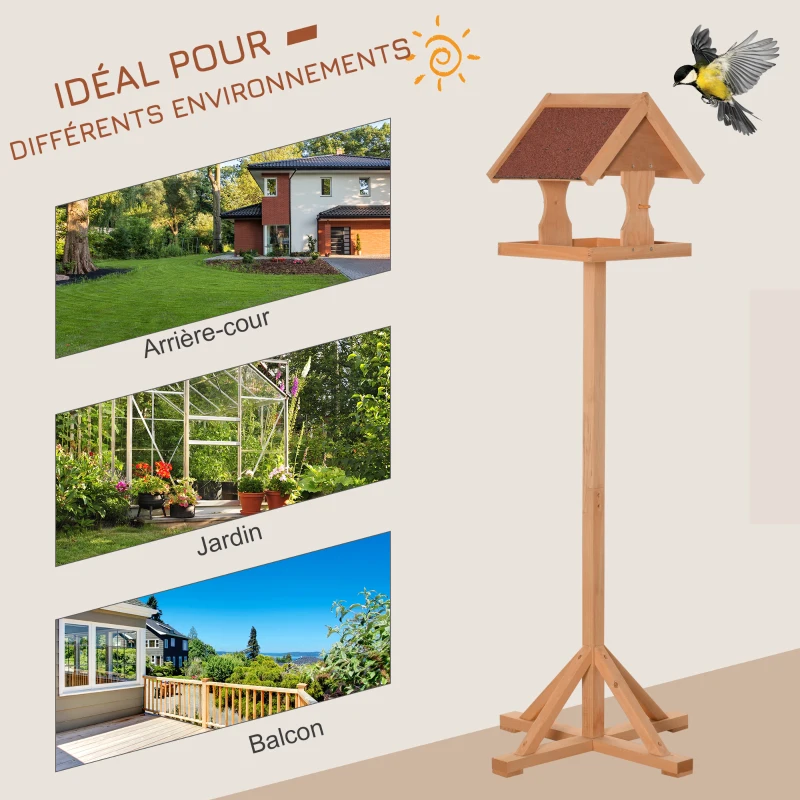 PawHut Mangeoire oiseaux extérieur sur pied, toit résistant aux intempéries, bois massif, 55 x 55 x 144 cm, bois naturel
