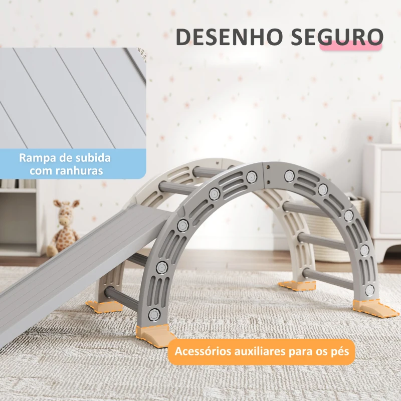 AIYAPLAY Escalada para Crianças de 18-48 Meses 4 em 1 com Arco de Escalada Baloiço Rampa e Escorrega 164x70x57 cm Cinza e Branco