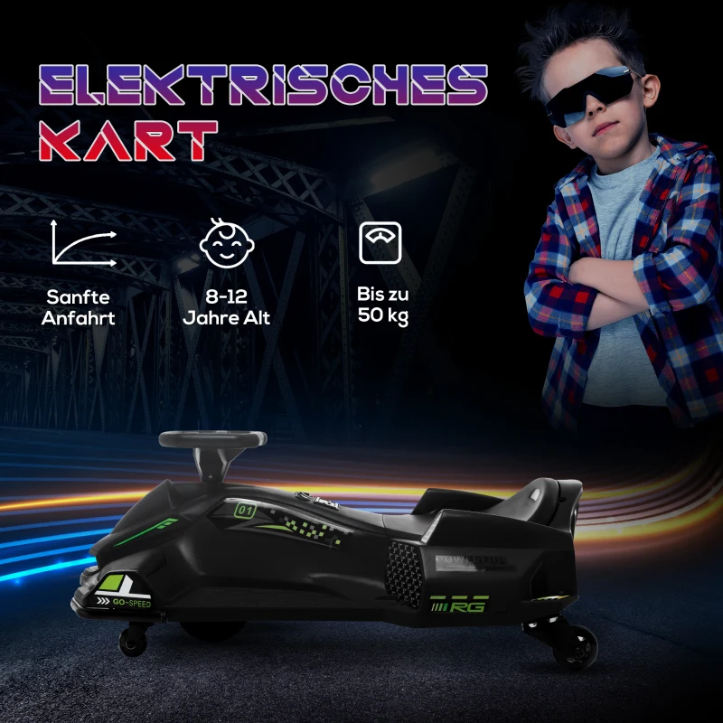 HOMCOM Elektrisch Go-Kart voor Kinderen, Met Rubberen Wielen, 3-8 km/u, Licht- en Muziekfunctie, Zwart(m-7)