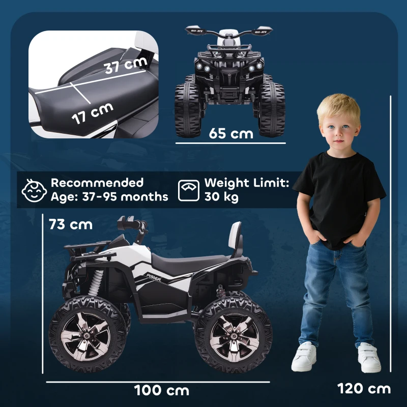 HOMCOM Quad Elettrico per Bambini 3-5 Anni a 12V con Fari e Pedale, Presa USB per Musica, Bianco