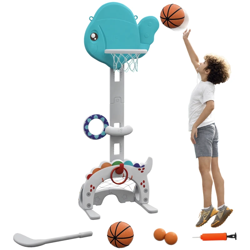 AIYAPLAY Panier de basket-ball pour enfants 5 en 1 hauteur réglable but de football balle de golf lancer d'anneaux bleu et gris