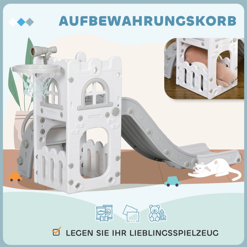 AIYAPLAY Peuterglijbaan, 5-in-1, peuterglijbaan met basketbalring, telescoop en klimrek, grijs 70 x 177 x 92 cm