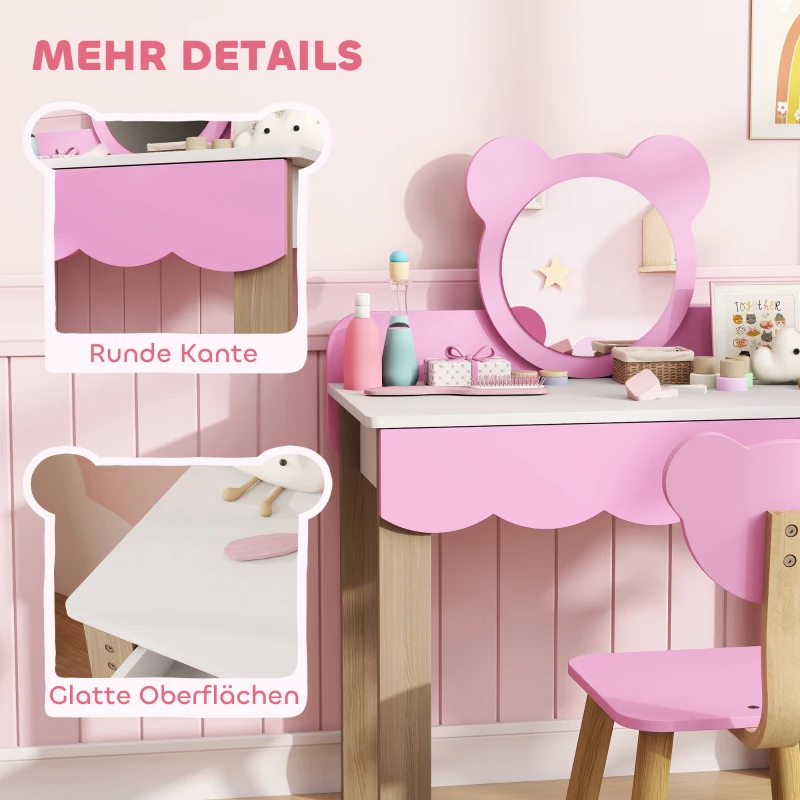 AIYAPLAY Kaptafel-set met kruk voor kinderen, schminkspiegel, berenvorm, lade, MDF, Roze