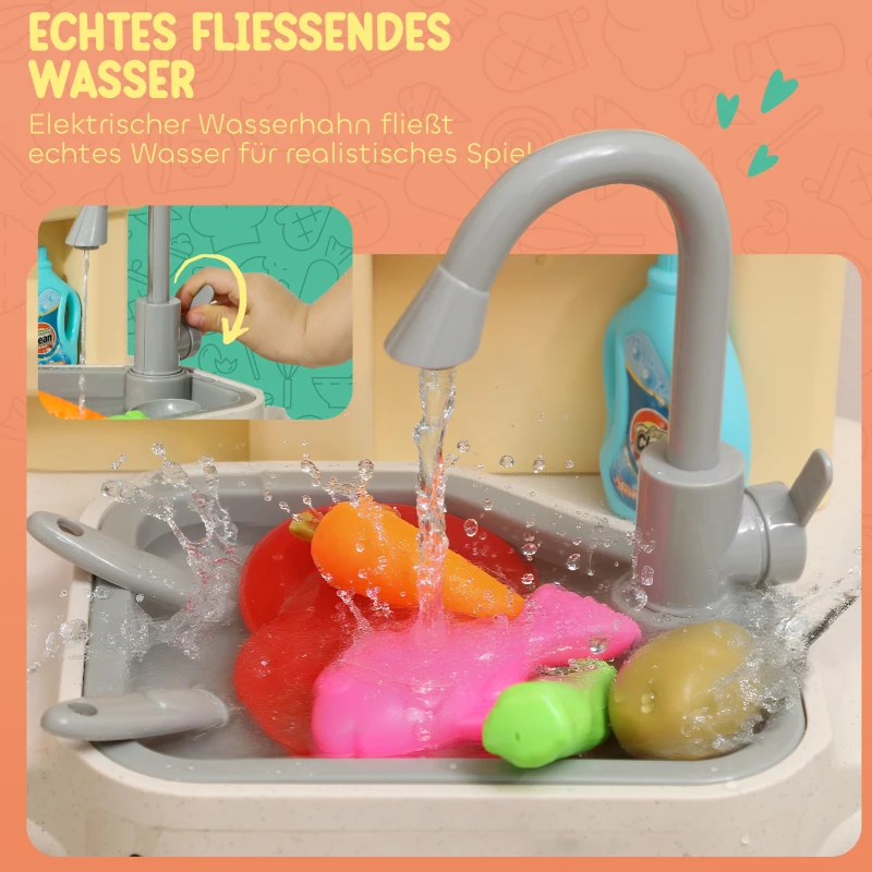 AIYAPLAY Spielküche mit fließendem Wasser, 85-teiliges Zubehör, elektrischer Wasserhahn, Lichter, Geräusche, für Kinder von 3-6 Jahren, Kunststoff, Grün