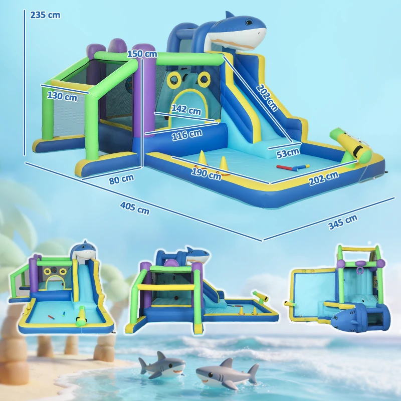 AIYAPLAY 8-in-1 aufblasbar Hüpfburg mit Hai-Design Gebläse Rutsche Planschbecken Trampolin für 3–8 Jahre 405x345x235cm Mehrfarbig