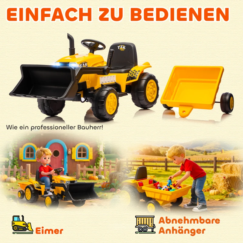 AIYAPLAY Elektrisches Aufsitz-Baufahrzeug, Spielzeugbagger mit Anhänger, 3-8 Jahre, Kunststoff, Stahl, Gelb