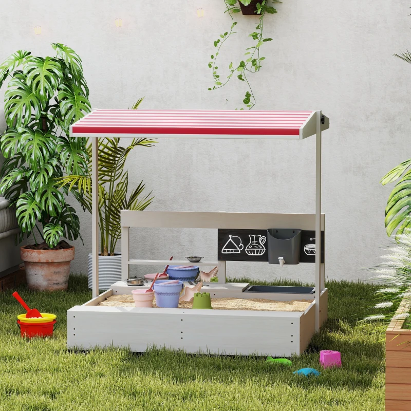 Outsunny Caixa de Areia de Madeira para Crianças com Teto Ajustável  Acessórios de Cozinha e Banco  114x110x110 cm Madeira