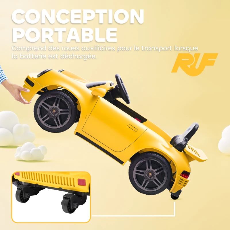 AIYAPLAY Voiture électrique enfants, véhicule électrique 12V, télécommande 2,4G, phares, musique, klaxon, 103 x 55 x 44 cm, jaune