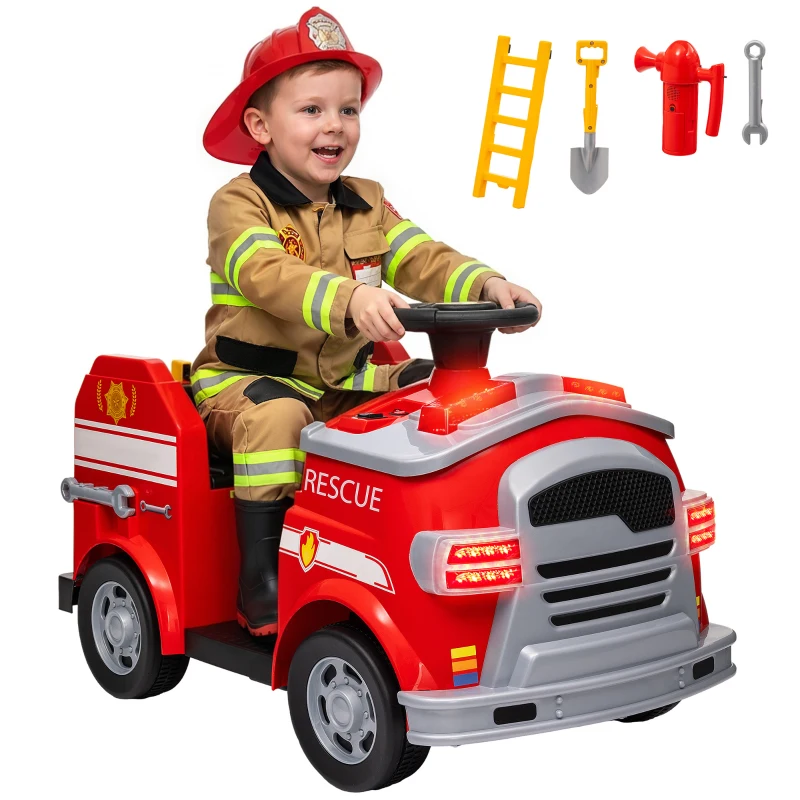 AIYAPLAY Elektrische Kinderauto 12V met Claxon, Muziek, Sirene, Zwaailicht, Voertuig met Koplampen, Zachte Start, Brandweerauto voor 3-5 jaar, 3 km/u, Rood(m-11)