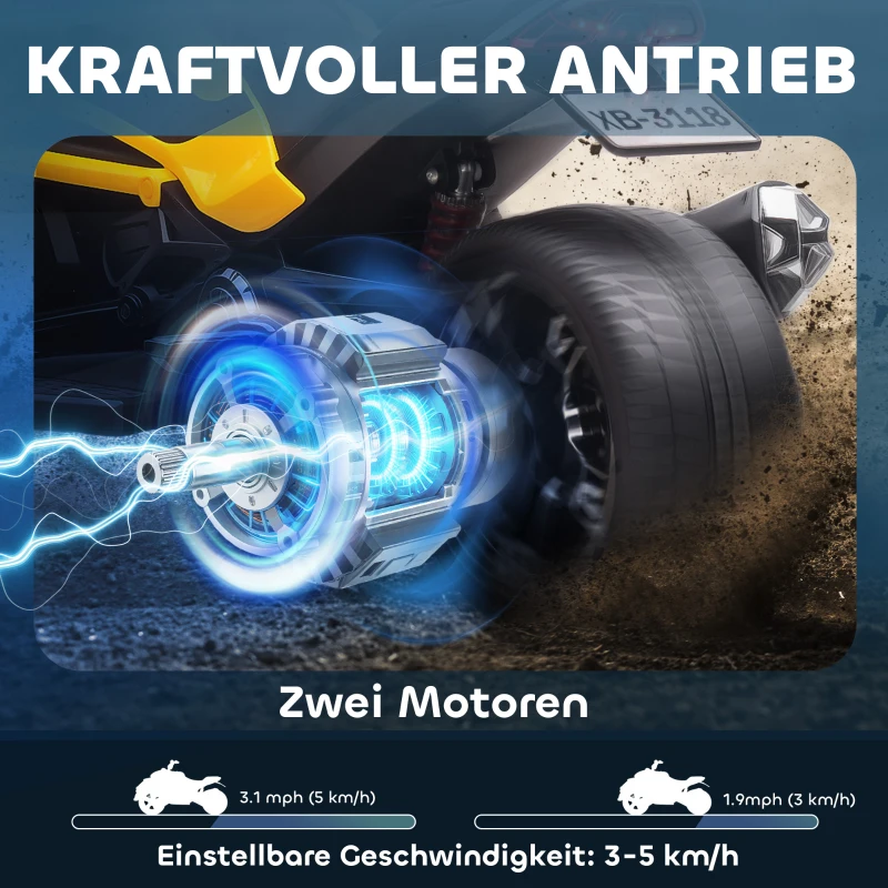AIYAPLAY Elektrisch kinderquad, omgekeerd driewielontwerp, op batterij, MP3-speler, claxon, 2 snelheden, LED-lichten, 3-8 jaar, Geel(m-4)